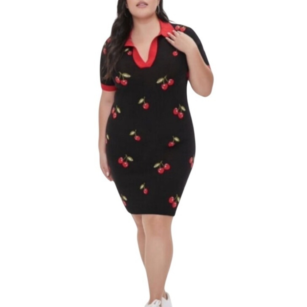GUC FOREVER 21 Plus 0X black red‎ cherry dress knot sweater short sleeved collar